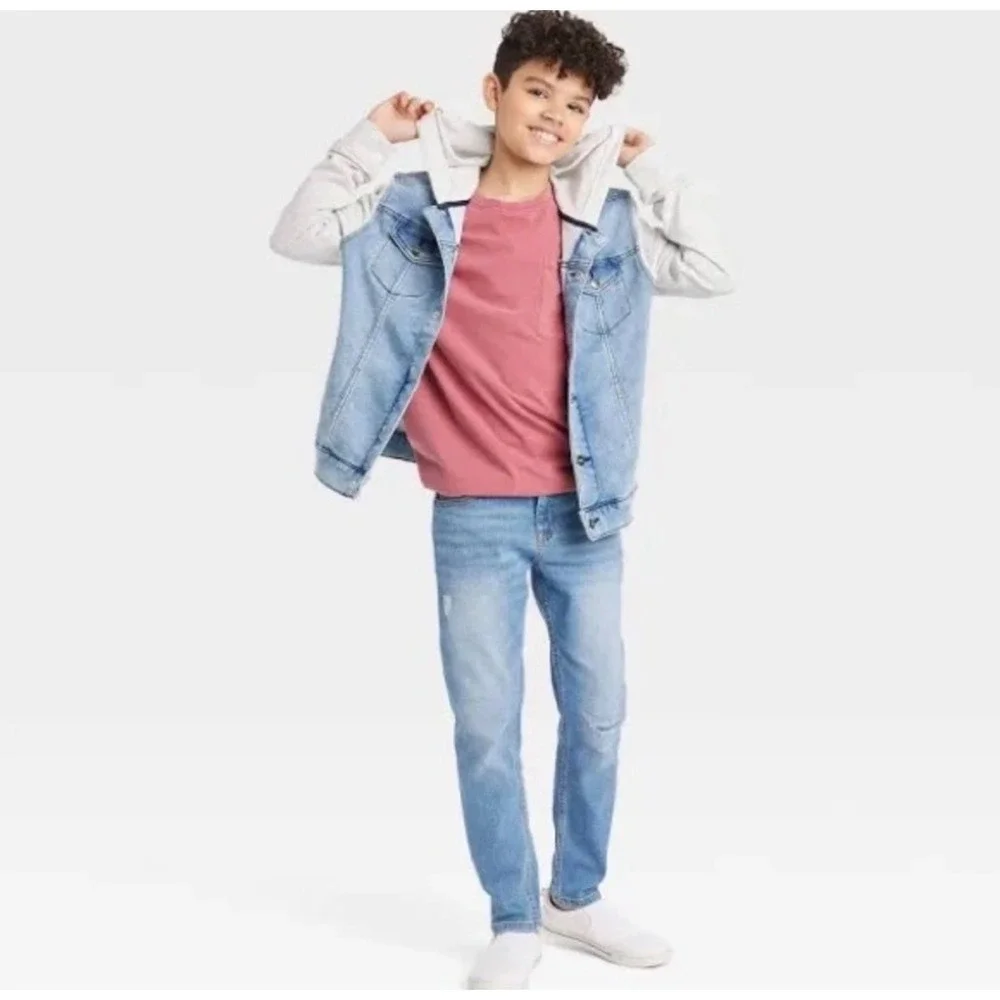 ART CLASS Boys Denim Jacket Jean Sweatshirt Hooded Medium‎ Light Wash Grey 8 10